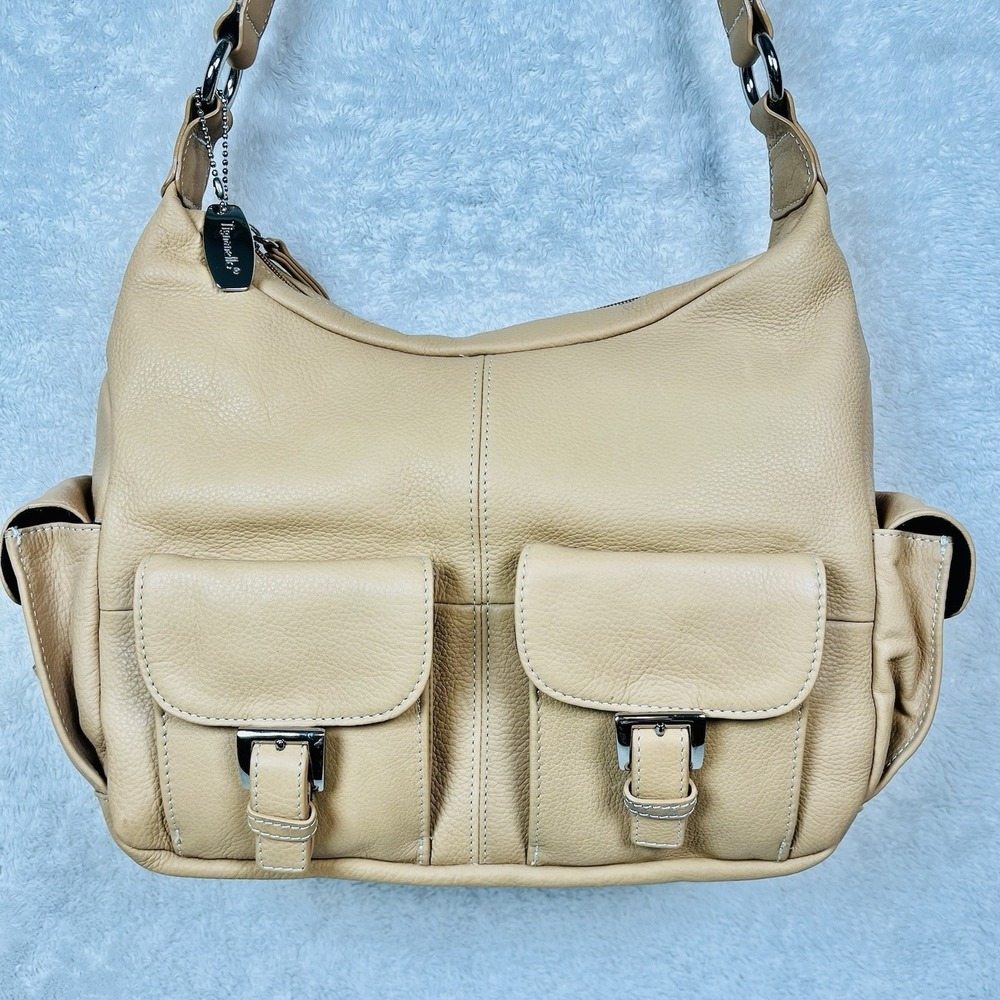 Vintage Tignanello Cargo Hobo Shoulder Bag Pebbled Leather Canvas Strap Tan Nude - Picture 3 of 15
